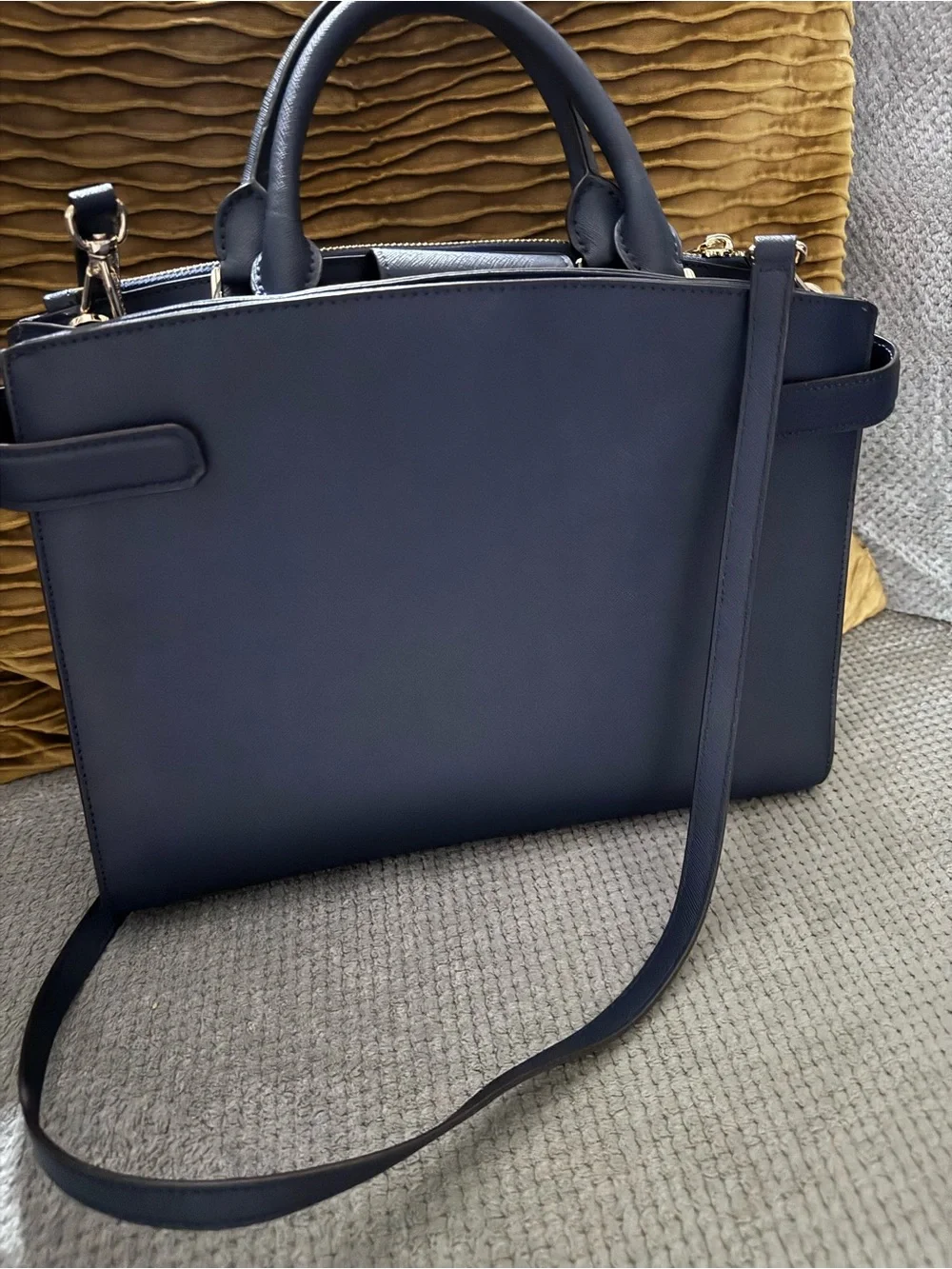 Michael Kors Navy Saffiano Satchel with Gold Hardware